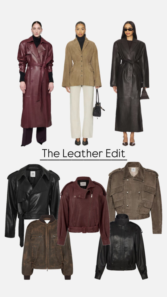 A curated selection of leather jackets and coats in neutral tones including black, brown, burgundy, and suede, styled in modern, minimal silhouettes.