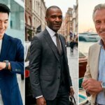Three-panel collage showing men dressed for different ages—smart casual blazer look, business suit, and relaxed luxury style with a linen blazer and watch.