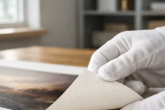 Handling archival prints with protective gloves to showcase the premium texture of 100% cotton rag paper.