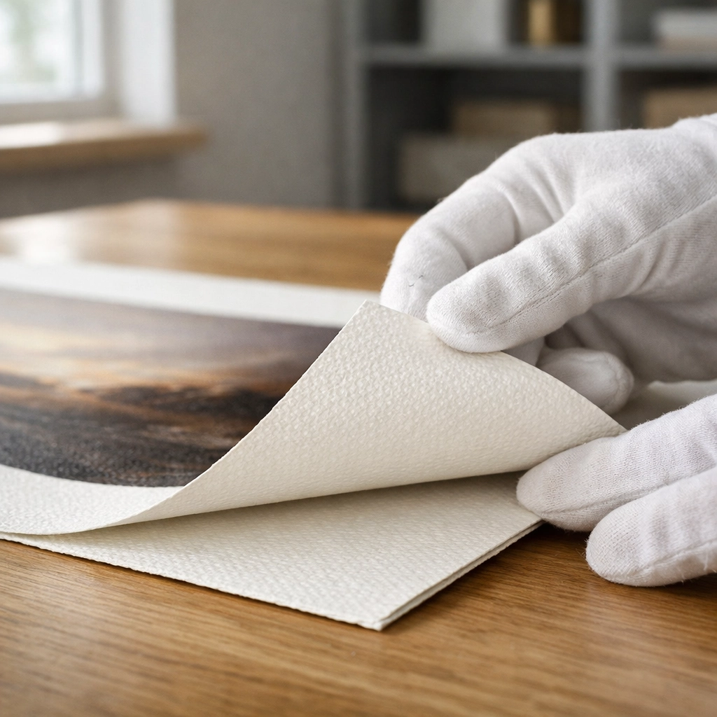 Handling archival prints with protective gloves to showcase the premium texture of 100% cotton rag paper.