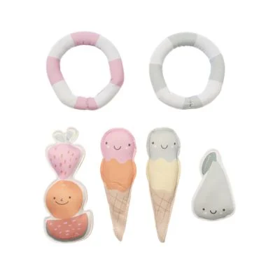 A set of soft, pastel-colored baby toys—including two rings, ice cream cones, a strawberry dessert, and a pear with smiling faces—makes perfect Easter basket fillers for little ones.