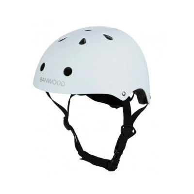 A white Banwood helmet with ventilation holes and an adjustable black chin strap, shown against a plain background—perfect as a stylish and practical option for Easter basket fillers.