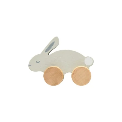 A wooden bunny, perfect for easter basket fillers, with wheels on a white background.