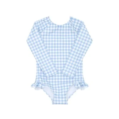 Light blue and white gingham long-sleeve one-piece swimsuit with ruffle details at the leg openings, perfect as a playful option for Easter basket fillers. Displayed on a white background.