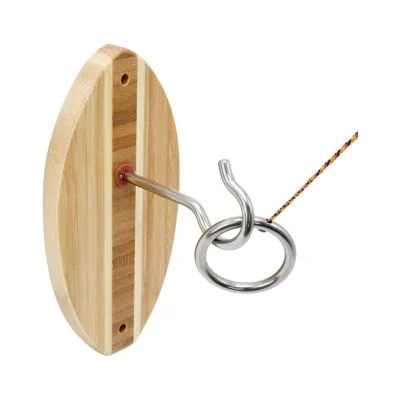 A wooden wall mount with a metal hook and ring attached by a colorful string, this fun ring toss game also makes great Easter basket fillers for kids.