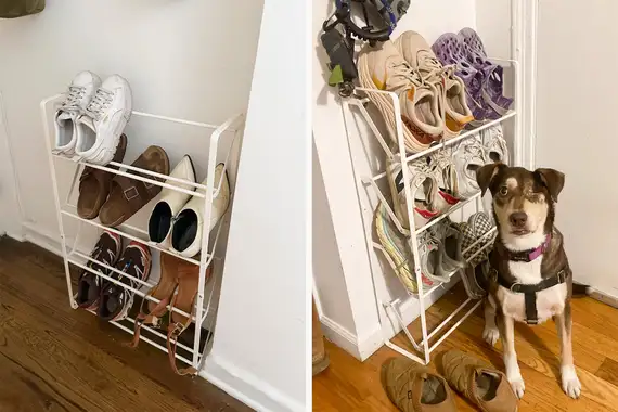 Two photos of Yamazaki Home Slim shoe racks used to store shoes (including one photo of a dog standing next to the shoe rack).