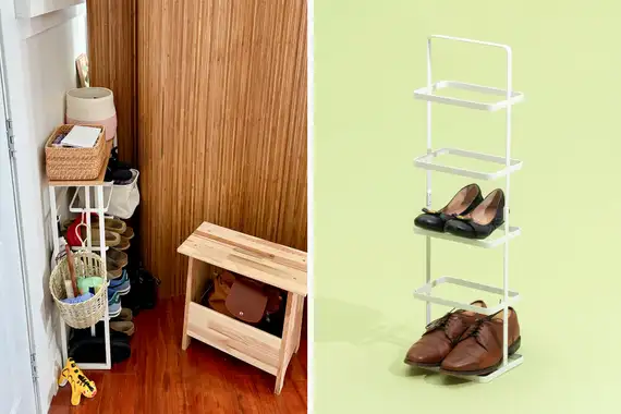 Two photos of Yamazaki shoe racks used to store shoes and other display items.