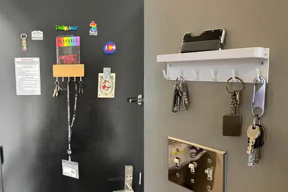 Two images of Yamamazaki Home key racks in use and on display.