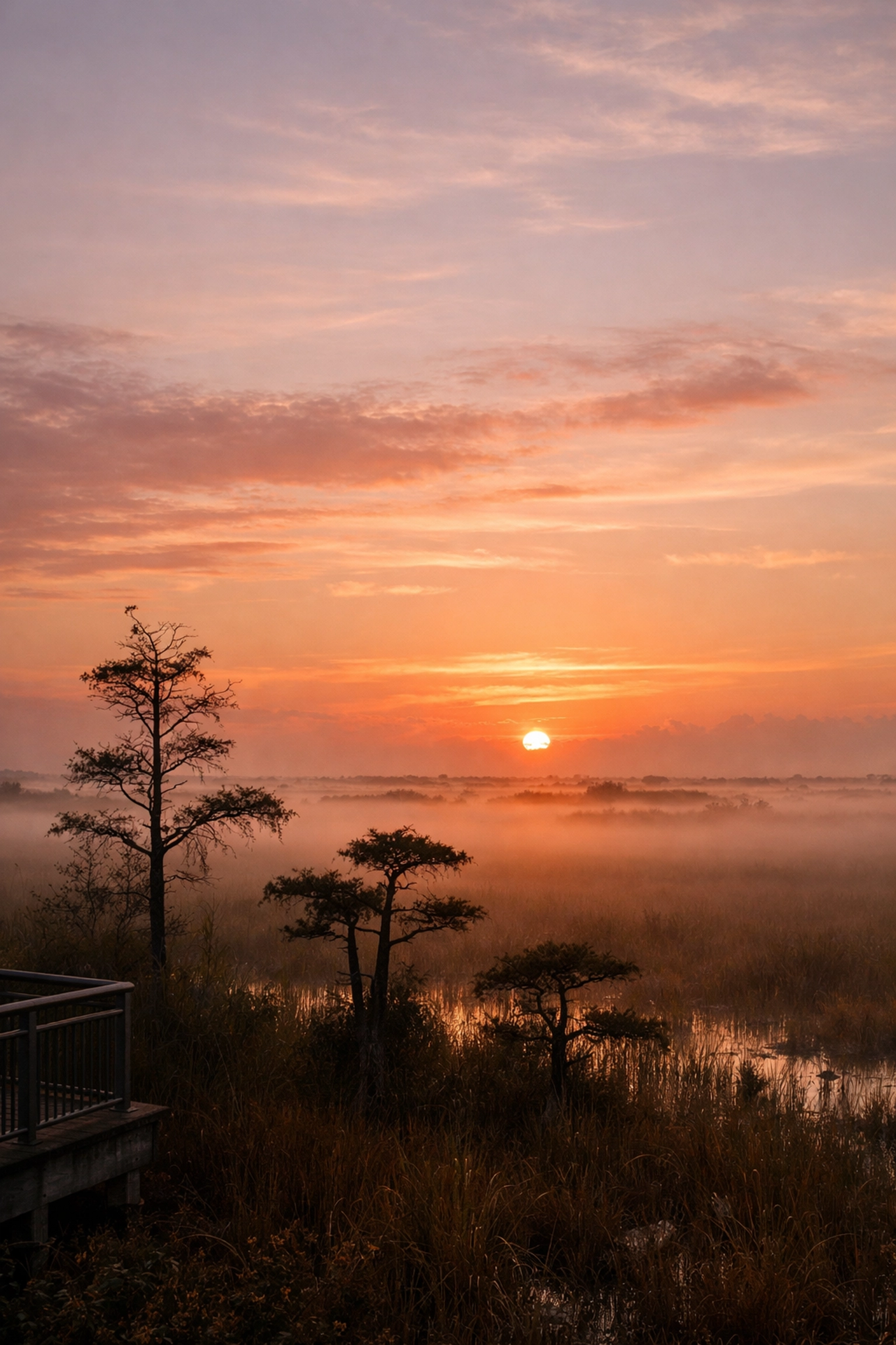 Sunrise at Pahayokee Overlook in Everglades National Park, featuring silhouetted trees and the River of Grass.