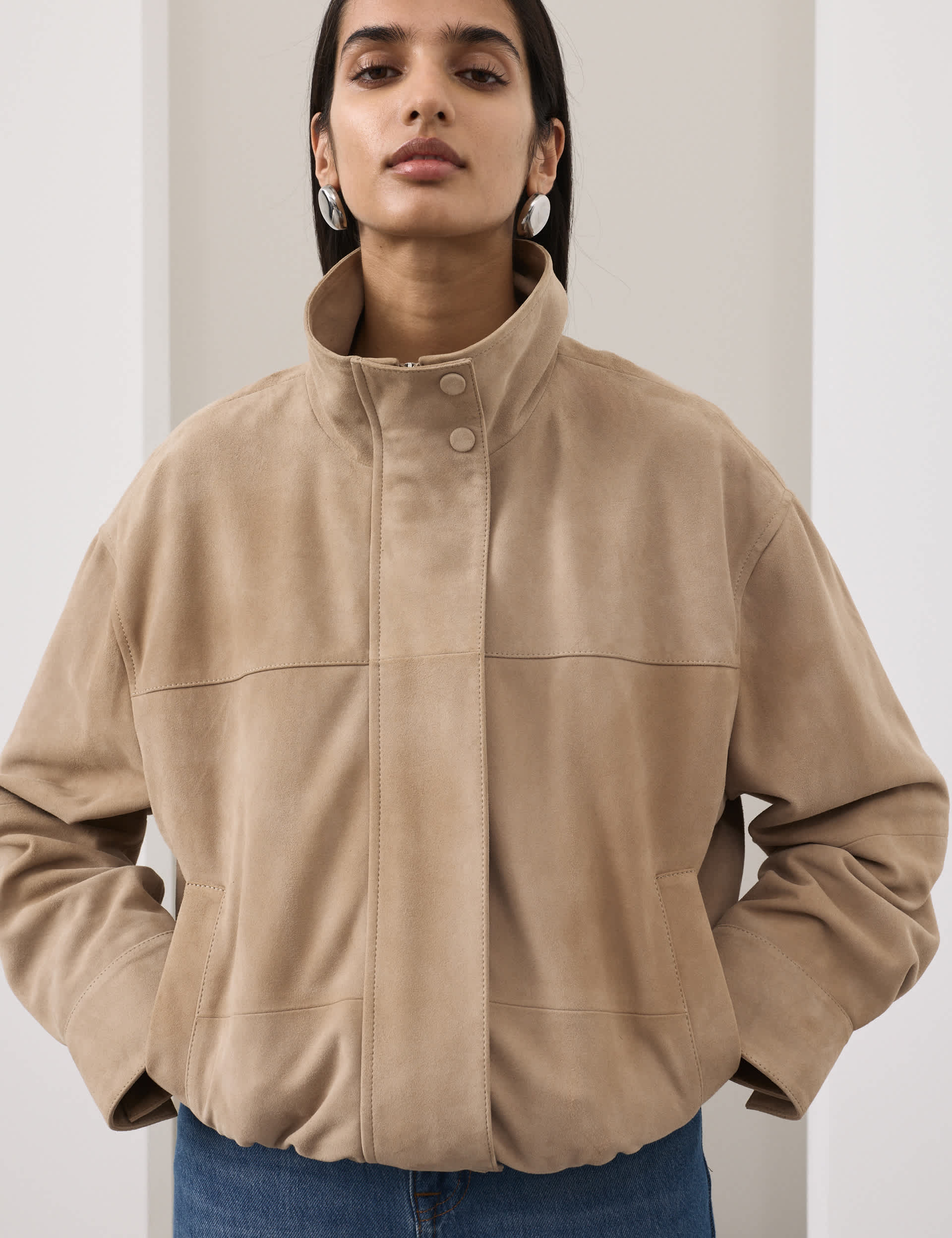 Suede Funnel Neck Blouson Jacket