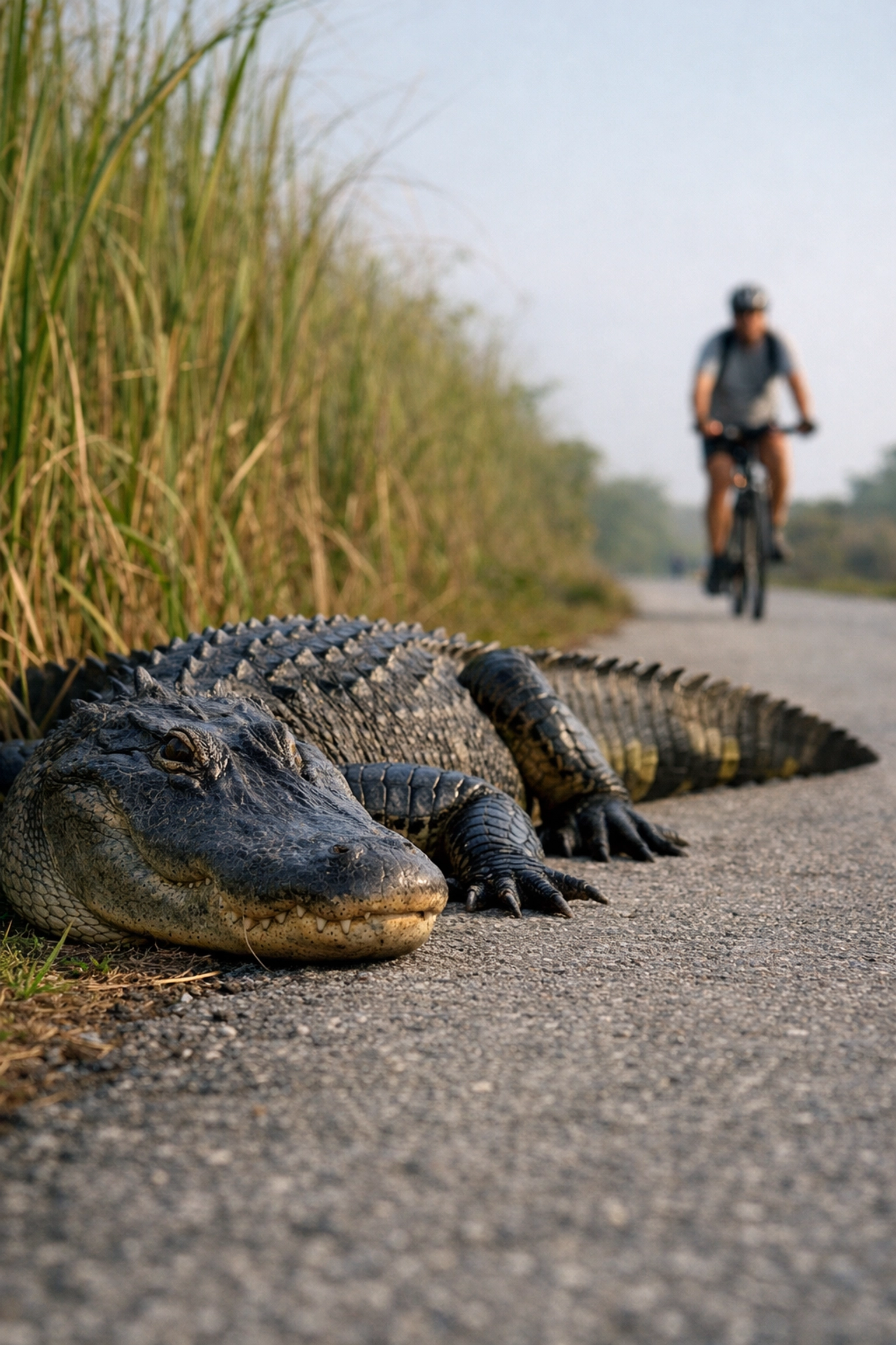 An alligator basking on the paved trail at Shark Valley, a top Everglades wildlife photography location.