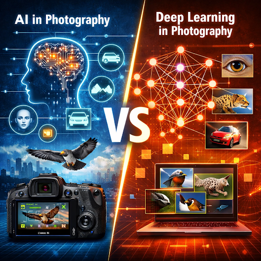 Artificial Intelligence vs Deep Learning in photography infographic showing Canon mirrorless camera autofocus tracking and neural network subject recognition.