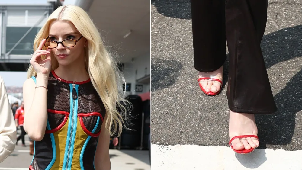 Anya Taylor-Joy joined the subtle clear shoe trend in Japan over the weekend, wearing a pair of Aquazzura Sting Sandals in red while at the F1 Grand Prix at Suzuka Circuit on Sunday.