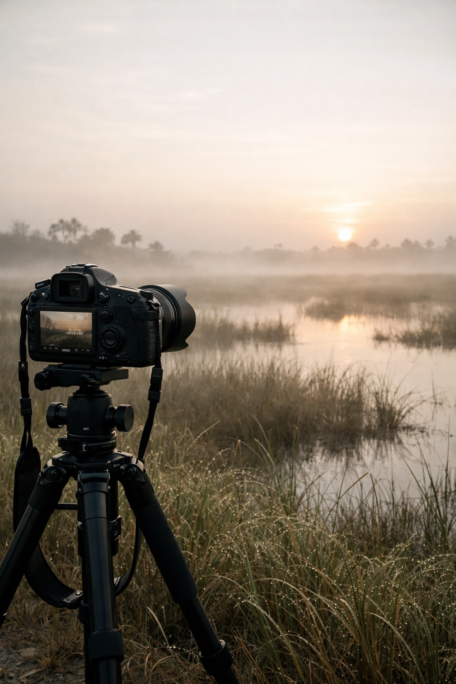 A professional camera setup at sunrise in a misty Everglades marsh for fine art photography.