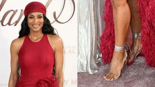 Ciara wearing silver pointed sandals with a clear toe strap and wrapped silver ties around the ankle at Karol G's Con Cora Land Benefit Gala in Miami on Friday.