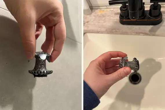 A man holding a SinkShroom is covered in hair and dirt against a light background (left), and a man holding a hairy, dirty SinkShroom over a sink (right).