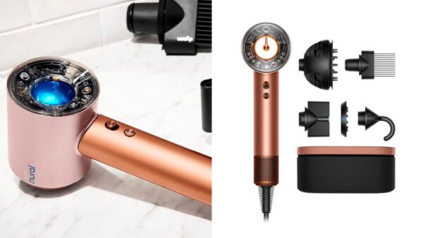 close-up shot of dyson supersonic nural hair dryer resting on a marble surface; dyson supersonic nural hair dryer and attachments over white background