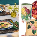 elaborate tablescape featuring tropical-themed plates, woven placemats, and a small bouquet of flowers; a plate, pillow, and water glass from anthropologie x farm rio over a white background