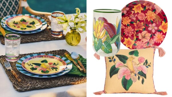 elaborate tablescape featuring tropical-themed plates, woven placemats, and a small bouquet of flowers; a plate, pillow, and water glass from anthropologie x farm rio over a white background