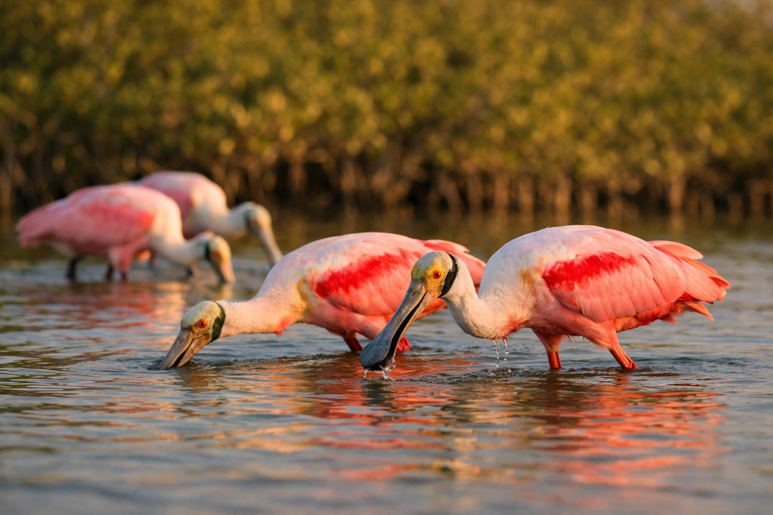 Roseate Spoonbills foraging in Eco Pond at Flamingo, a premier destination for wildlife photography in the Everglades.