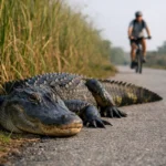 An alligator basking on the paved trail at Shark Valley, a top Everglades wildlife photography location.