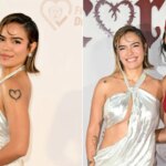 Karol G in a silver Celia Kritharioti dress; Karol G and Ciara at the Con Cora Land gala in Miami on Friday, March 20, 2026.