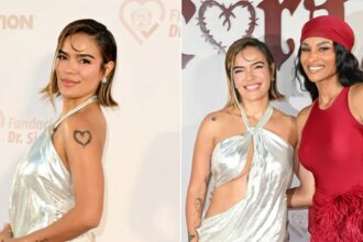Karol G in a silver Celia Kritharioti dress; Karol G and Ciara at the Con Cora Land gala in Miami on Friday, March 20, 2026.