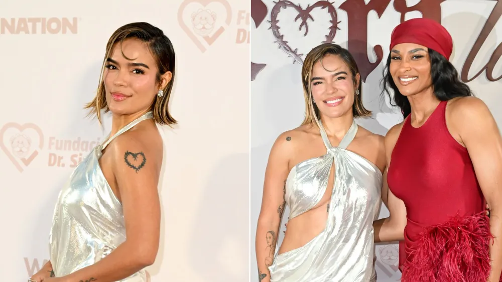 Karol G in a silver Celia Kritharioti dress; Karol G and Ciara at the Con Cora Land gala in Miami on Friday, March 20, 2026.