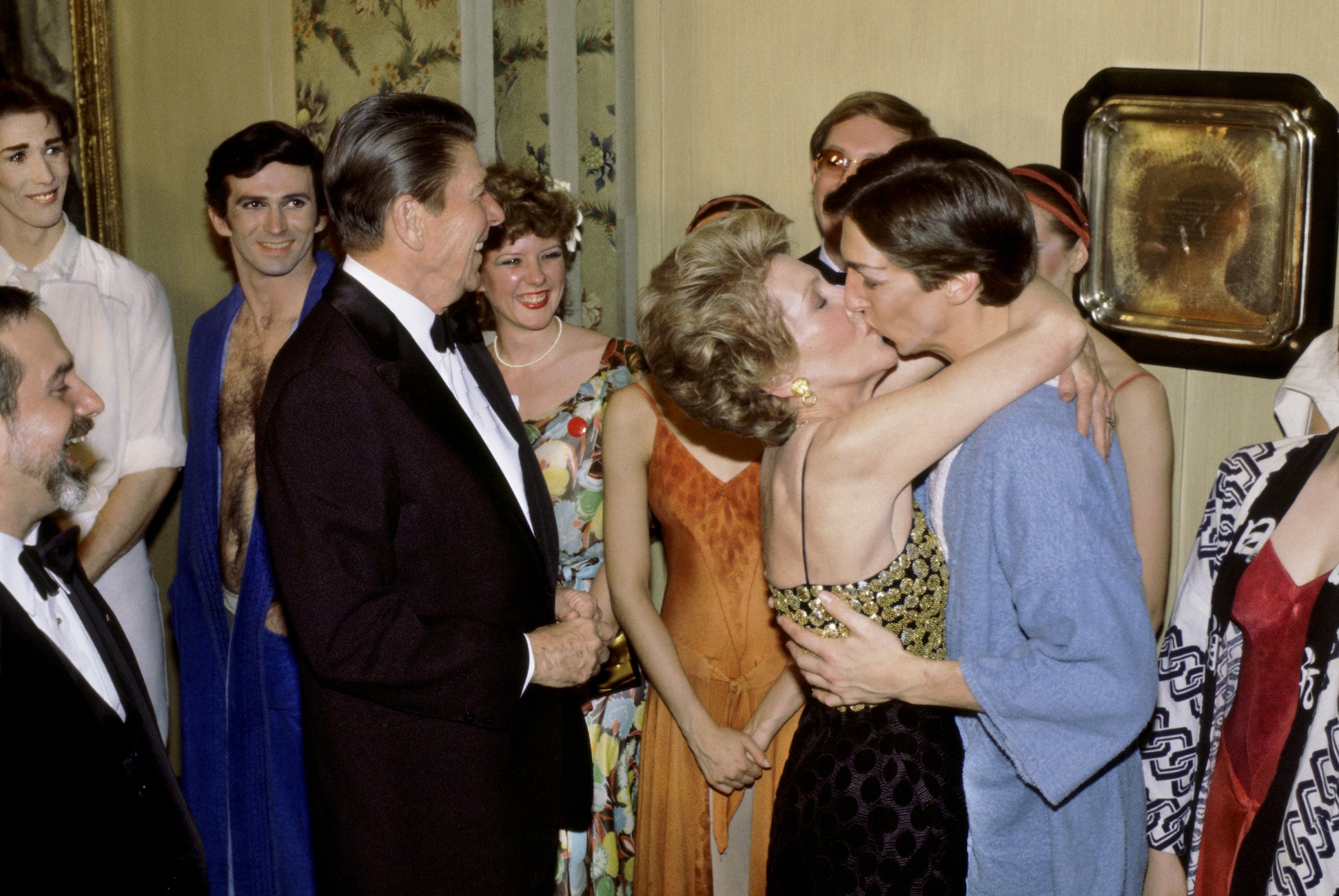 First Lady Nancy Reagan kisses her son, Ron Reagan Jr., after his performance in the Joffrey Ballet, 1981