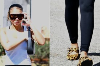Lori Harvey wearing Alaïa’s leopard haircalf Criss-Cross ballet flats with a stripped-back workout look in Los Angeles on Saturday.