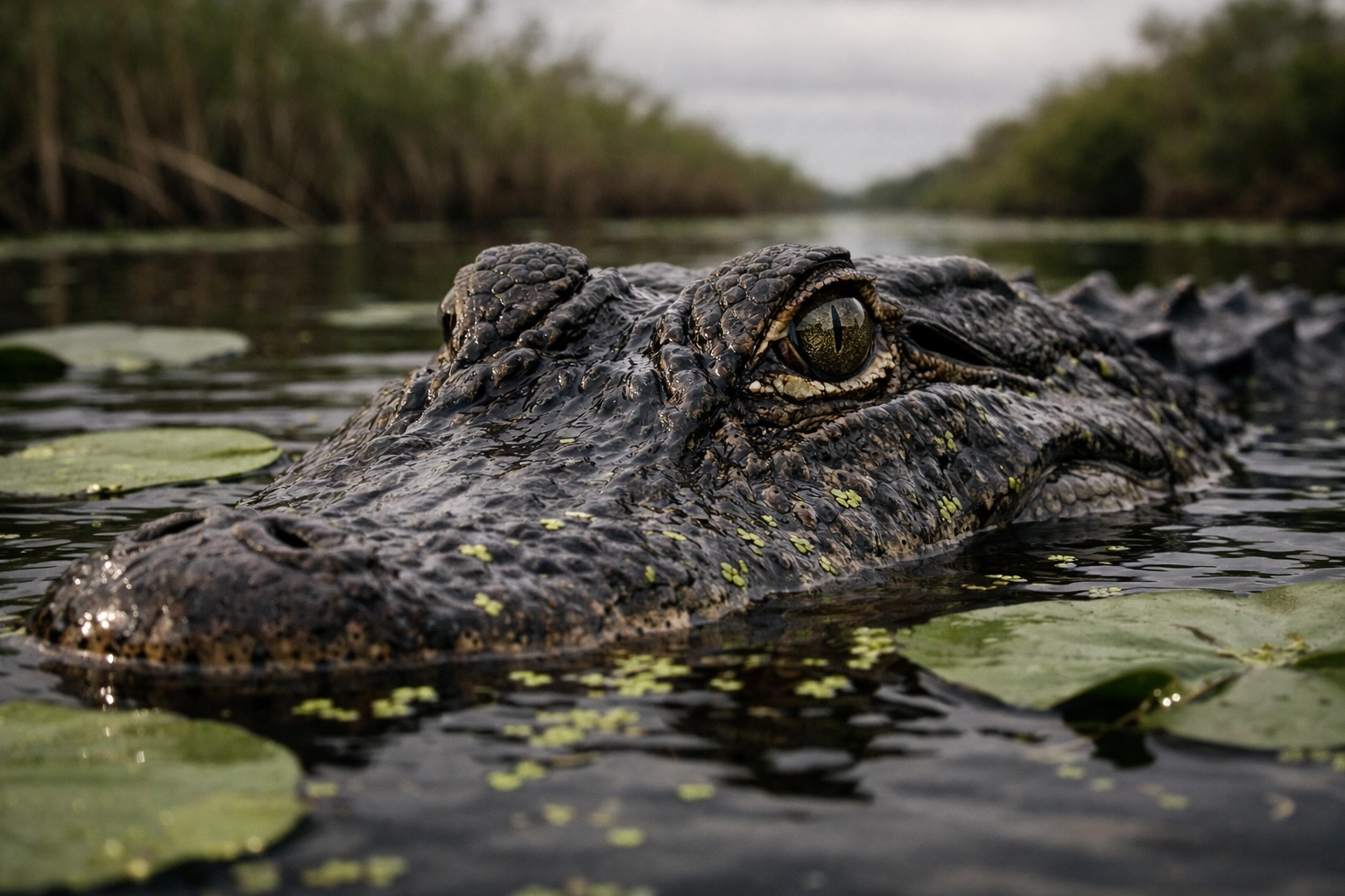 Close-up eye-level view of an alligator in a Shark Valley canal for Everglades wildlife photography.