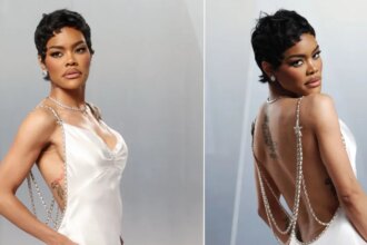 Teyana Taylor wears a white Chanel dress on the Vanity Fair 2026 Oscar Party red carpet on Sunday.