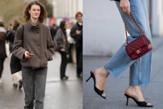 Paris Fashion Week attendee wearing dark-wash straight-leg jeans for women; woman walking on the street wearing straight-leg jeans and black heels in Berlin, Germany