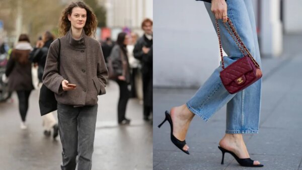 Paris Fashion Week attendee wearing dark-wash straight-leg jeans for women; woman walking on the street wearing straight-leg jeans and black heels in Berlin, Germany