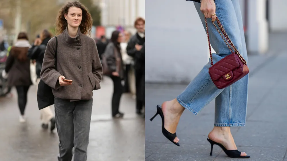 Paris Fashion Week attendee wearing dark-wash straight-leg jeans for women; woman walking on the street wearing straight-leg jeans and black heels in Berlin, Germany