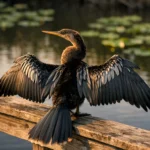 Anhinga bird drying its wings at sunrise on the Anhinga Trail, a top spot for wildlife photography in the Everglades.