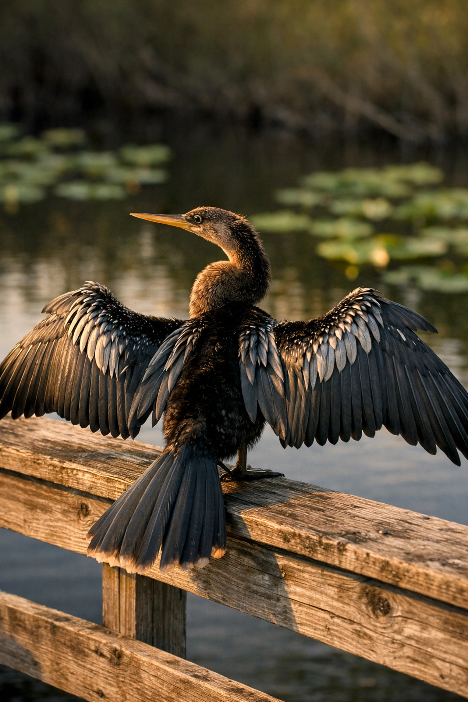 Anhinga bird drying its wings at sunrise on the Anhinga Trail, a top spot for wildlife photography in the Everglades.