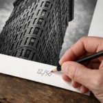 Artist hand-signing limited edition photography prints of the NYC Flatiron Building on archival paper.