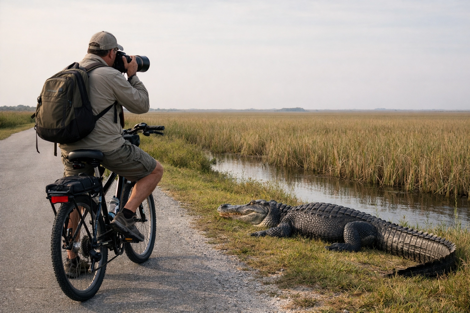 Wildlife photographer on a bicycle observing a basking alligator at Shark Valley, Everglades.