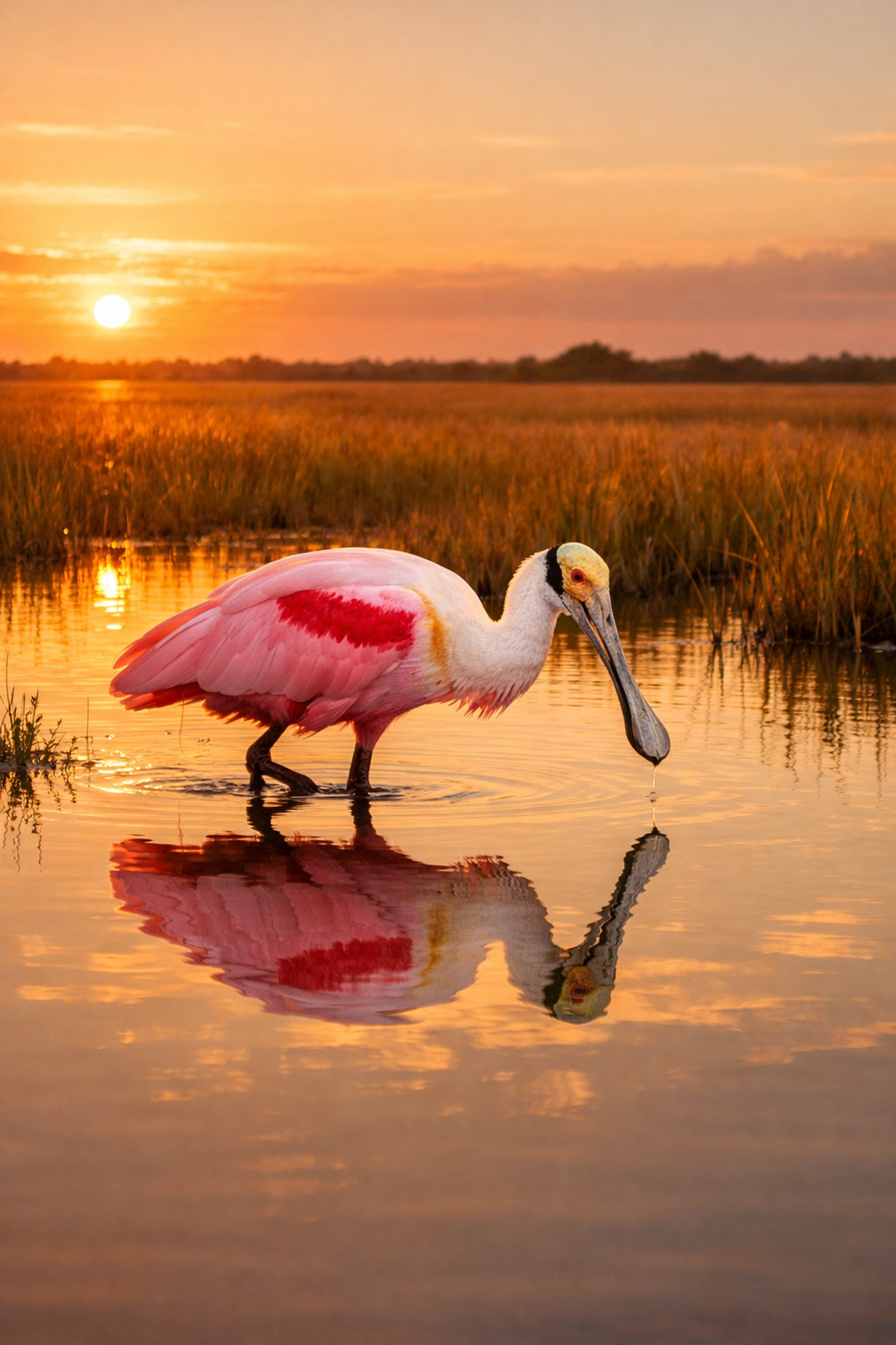 Roseate Spoonbill wading during golden hour at Shark Valley, Everglades landscape photography.