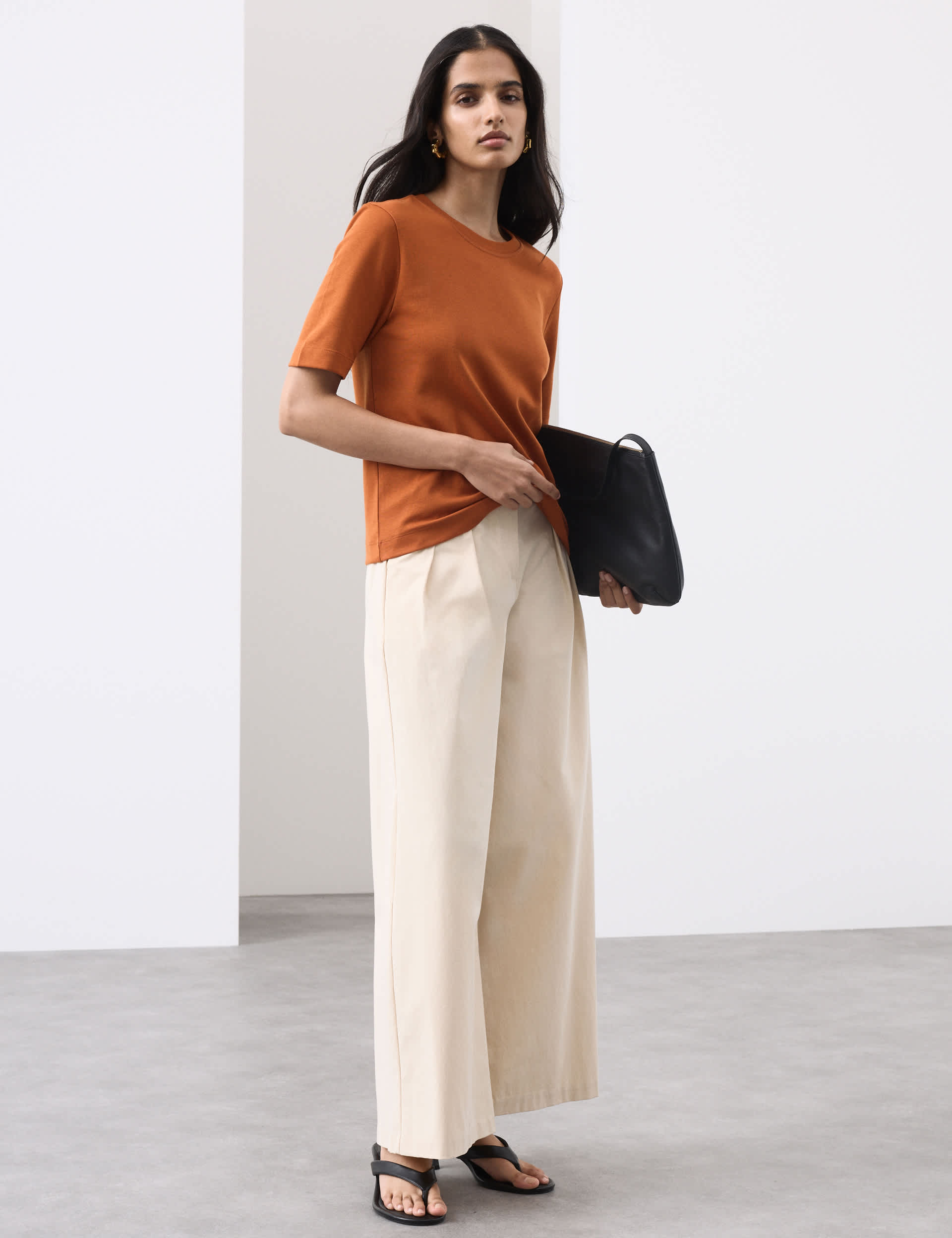 Cotton Blend Wide Leg Trousers