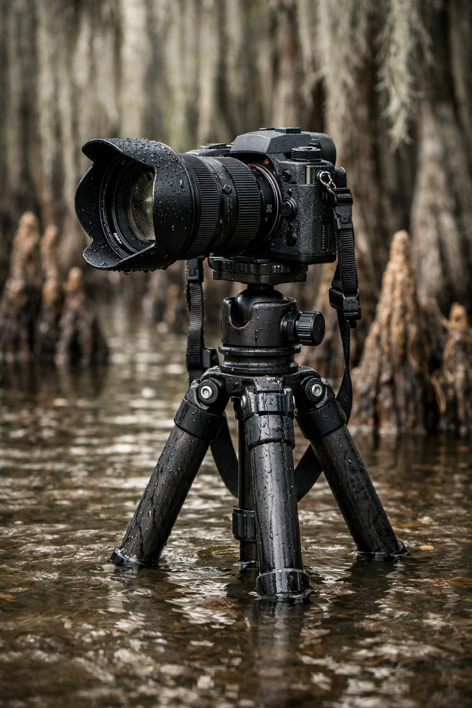 Photography gear setup in a cypress dome, highlighting landscape photography in the Everglades and Big Cypress.