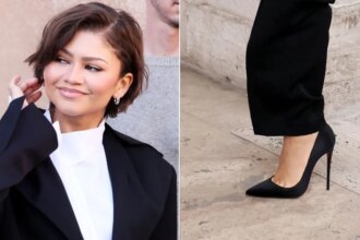 Zendaya paired black satin Christian Louboutin So Kate pumps with a suited look from Francesco Murano’s fall 2026 collection in Rome on Friday, March 27, 2026.