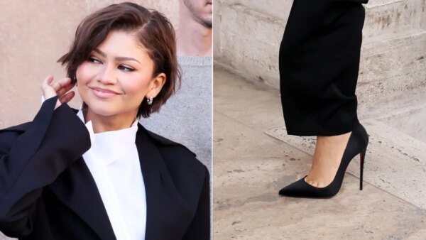 Zendaya paired black satin Christian Louboutin So Kate pumps with a suited look from Francesco Murano’s fall 2026 collection in Rome on Friday, March 27, 2026.