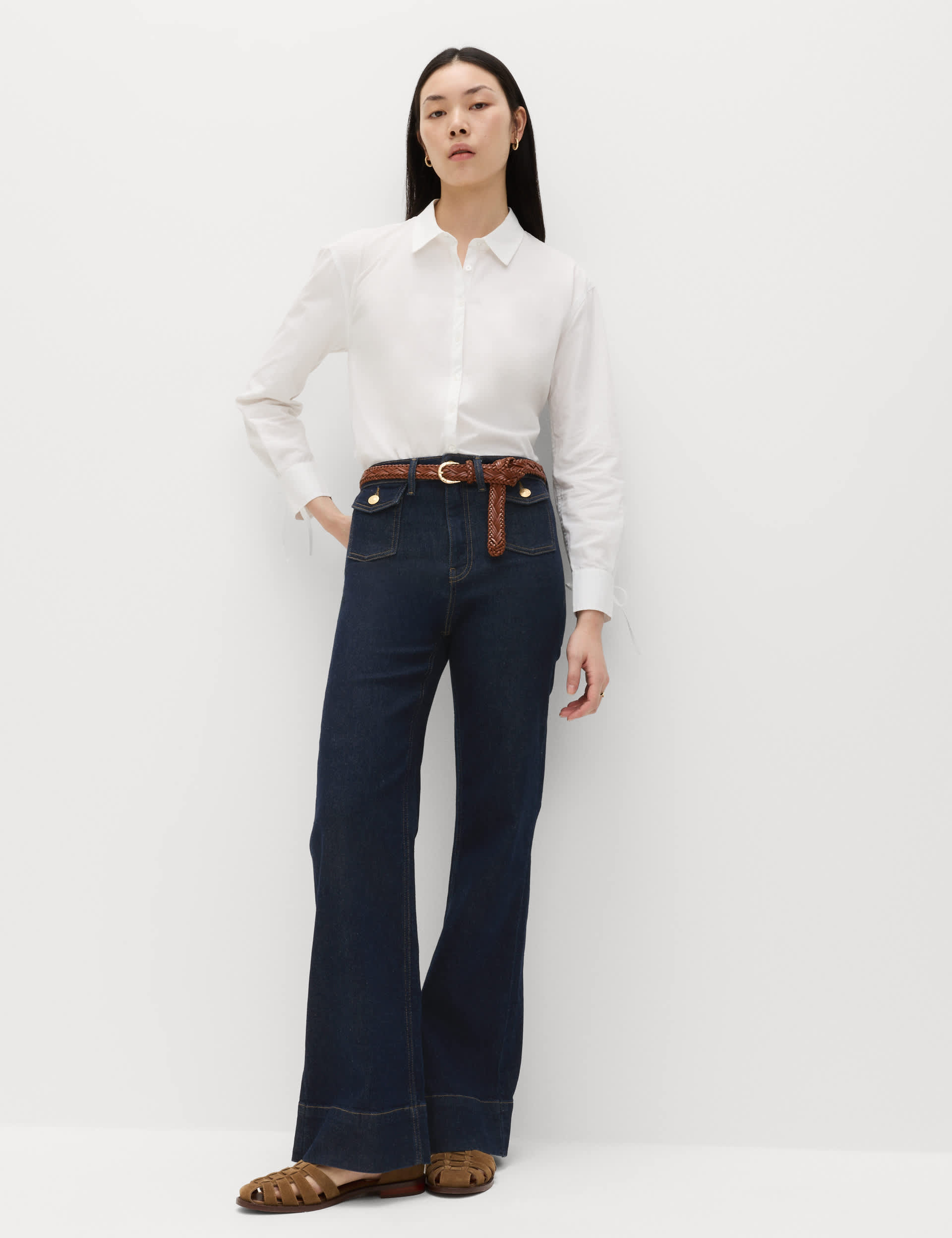 High Waisted Patch Pocket Flared Jeans