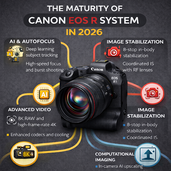 Canon EOS R System technology maturity infographic 2026 showing AI autofocus, image stabilization, advanced video, and computational imaging around the Canon EOS R1.
