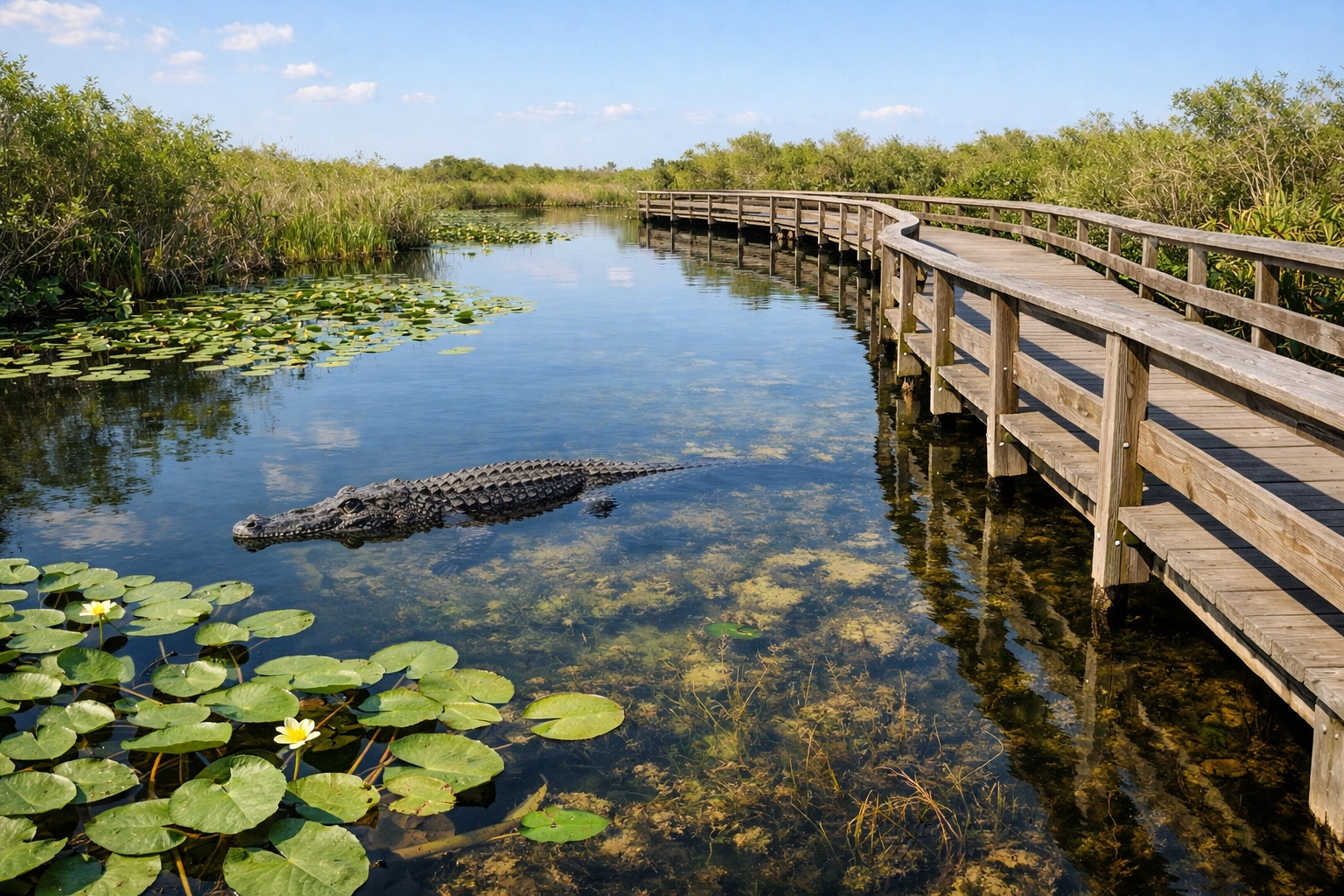 Submerged alligator near the Anhinga Trail boardwalk, a top location for wildlife photography in the Everglades.