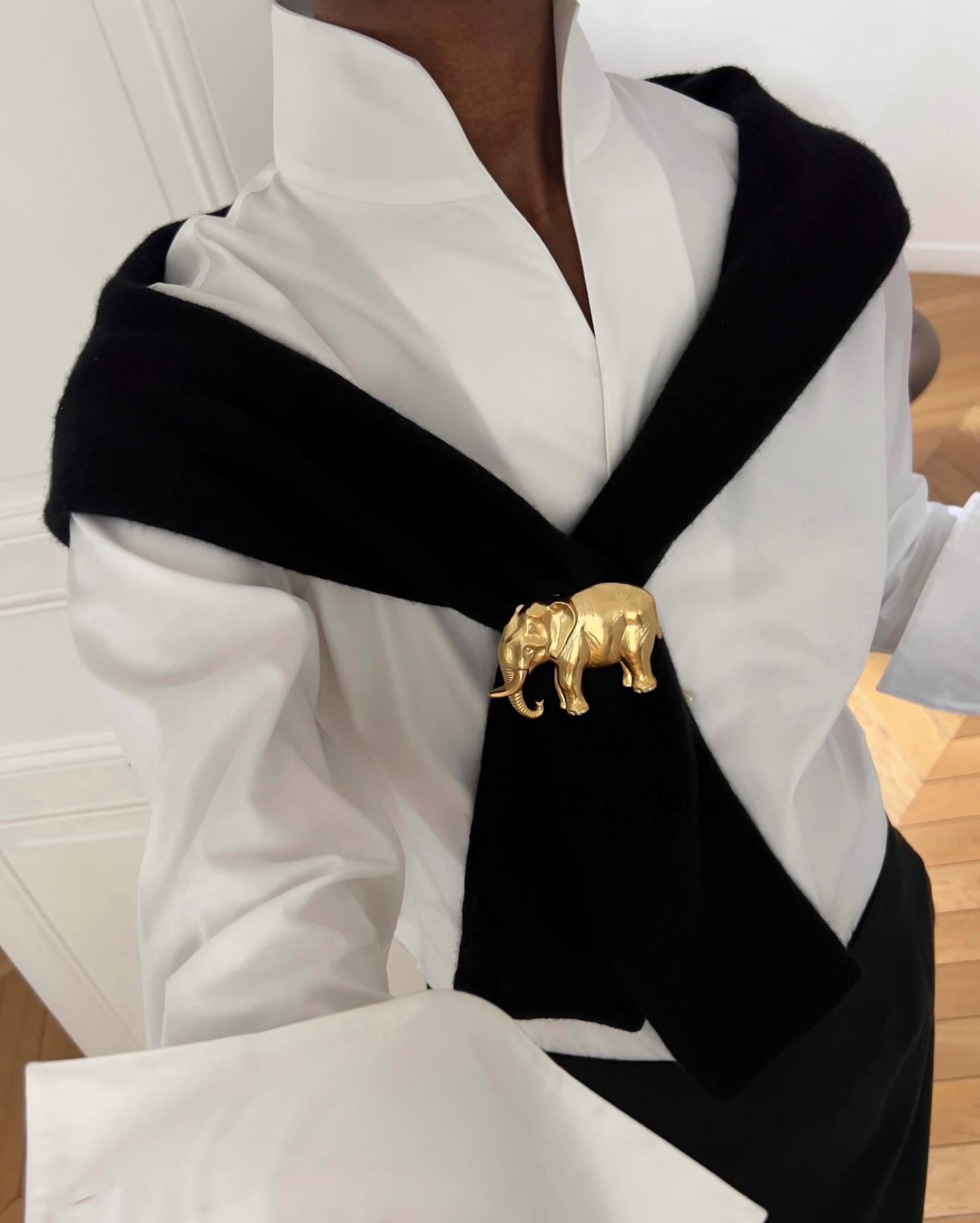 @sylviemus_ wearing a brooch, white button down, and a black sweater