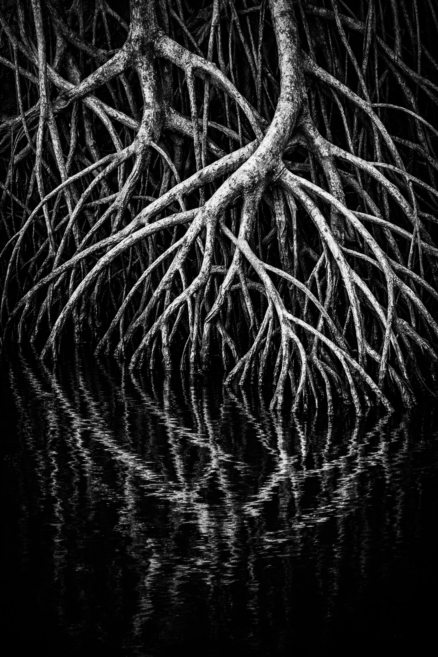 Intricate mangrove roots in Flamingo captured in black and white, showcasing fine art Everglades photography.
