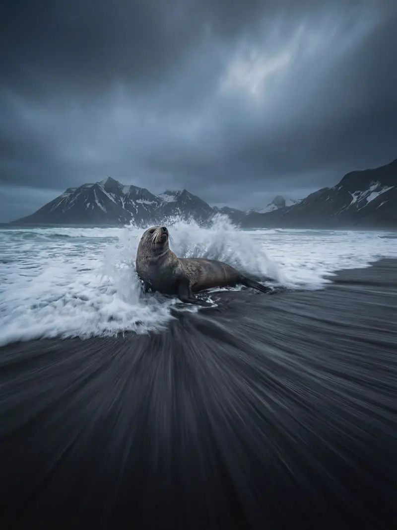 Antarctic fur seal emerging through crashing waves on a dark volcanic beach in South Georgia with dramatic mountains and storm clouds, photographed by wildlife photographer Christian Hartmann.